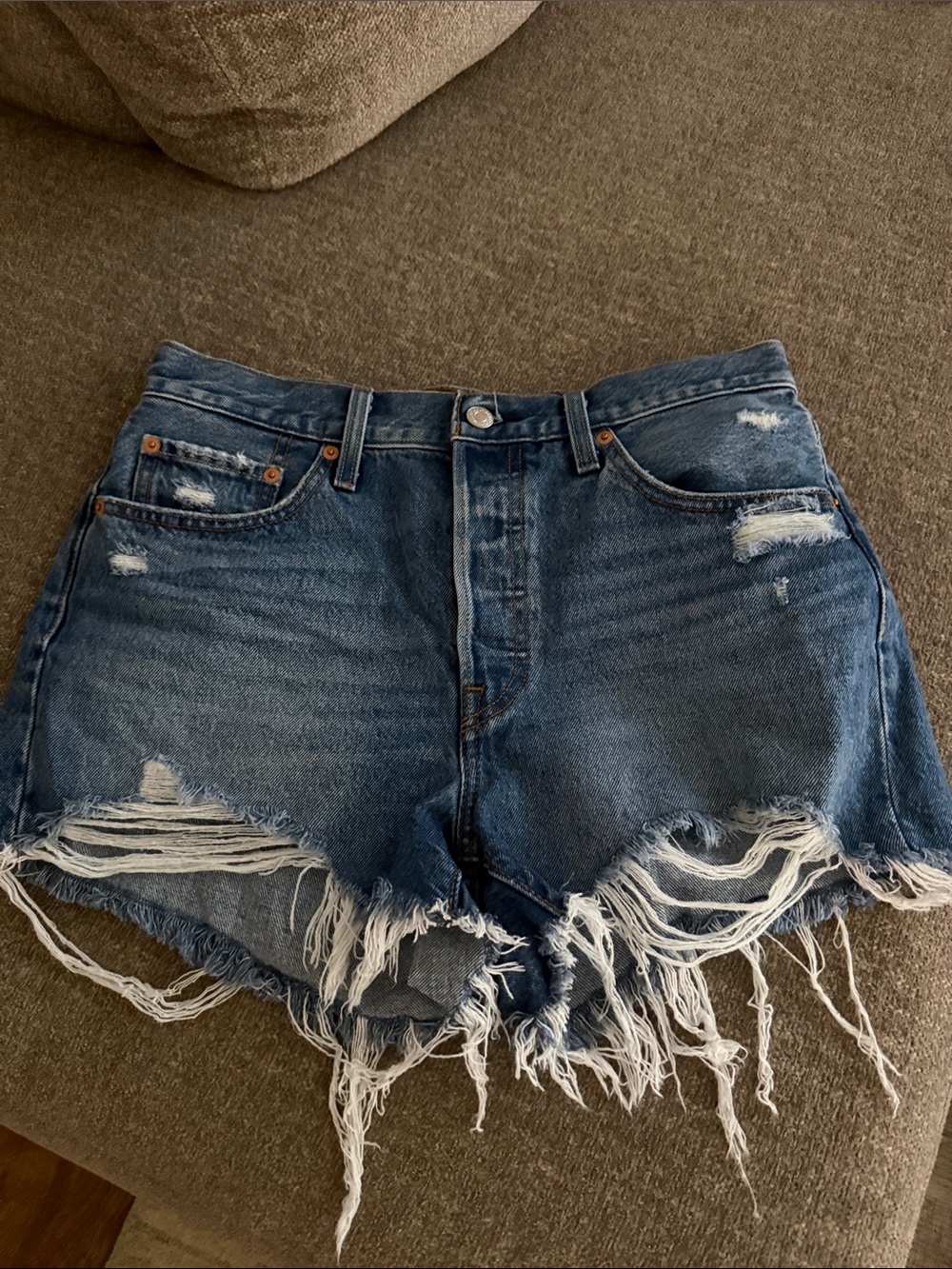 Levi's Distressed Dark Blue High-Rise Jean Shorts